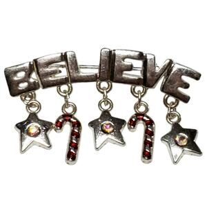 Vintage Christmas Holiday Costume Enameled Believe Charms Pin 2"